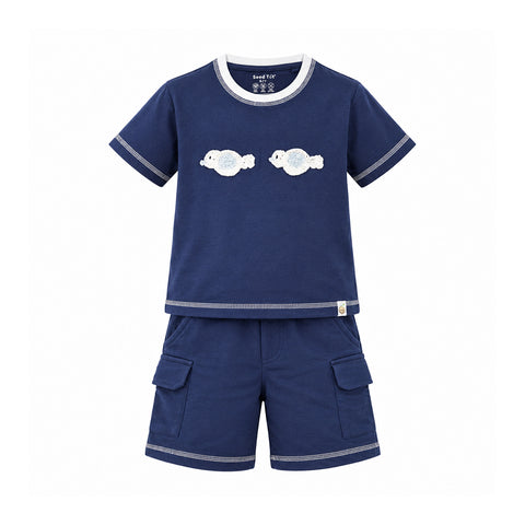 Ocean Buddies Boys' Co-ord Set | Fish Crochet T-Shirt with Cargo Shorts