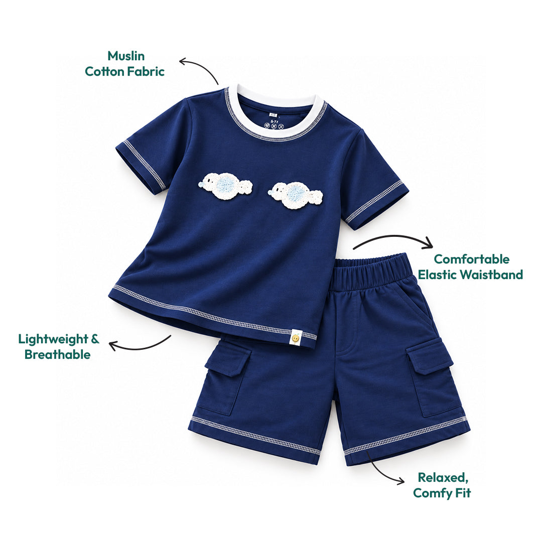 Ocean Buddies Boys' Co-ord Set | Fish Crochet T-Shirt with Cargo Shorts