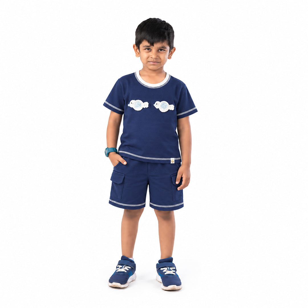 Ocean Buddies Boys' Co-ord Set | Fish Crochet T-Shirt with Cargo Shorts