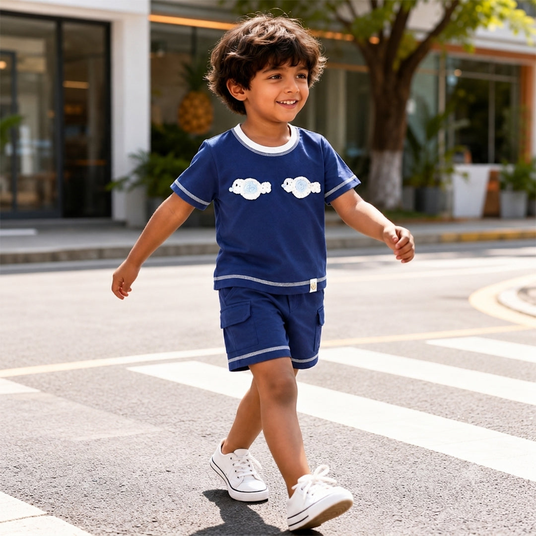 Ocean Buddies Boys' Co-ord Set | Fish Crochet T-Shirt with Cargo Shorts