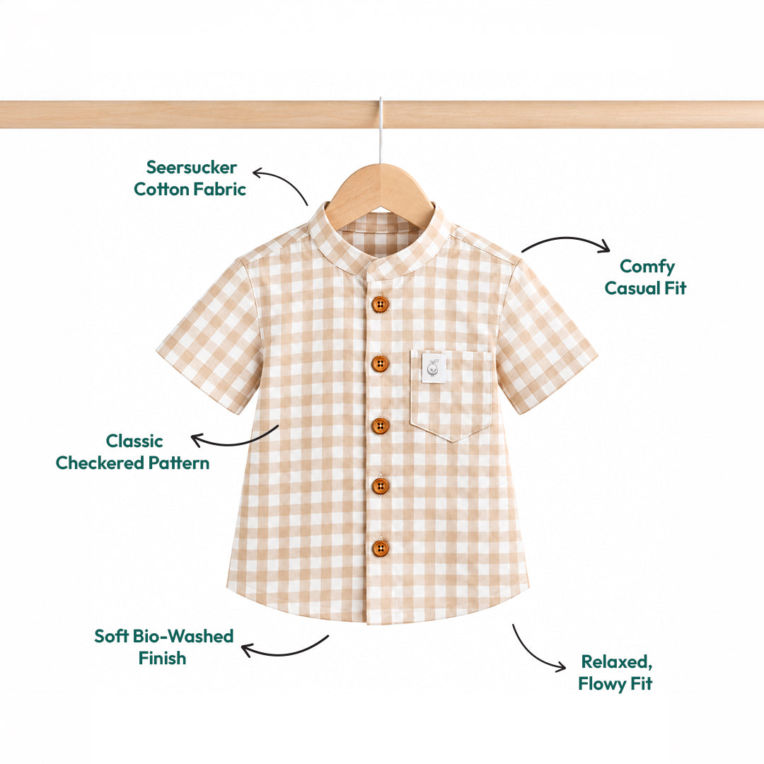 Seersucker Beige Shirt | Checked Cotton with Half-Sleeve
