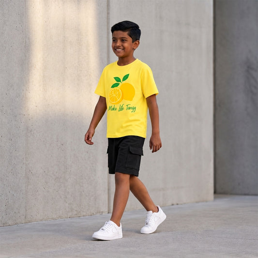 Tangy Lemon Boys' Co-ord Set | Graphic Printed Cotton T-Shirt & Shorts
