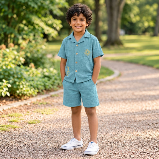 Teal Breeze Boys' Co-ord Set | Embroidered Muslin Cotton Shirt & Shorts