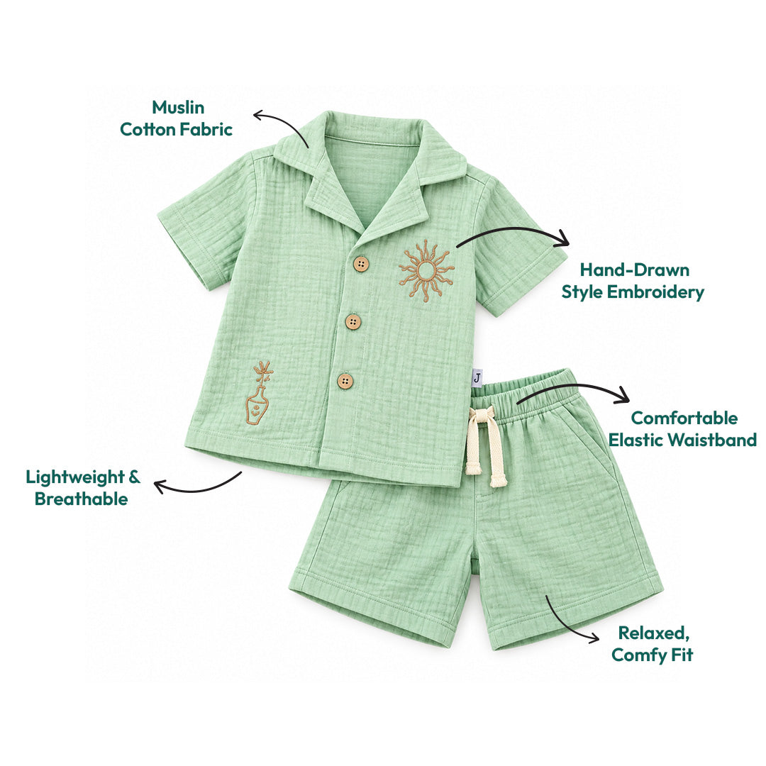 Sage Breeze Boys' Co-ord Set | Embroidered Muslin Cotton Shirt & Shorts