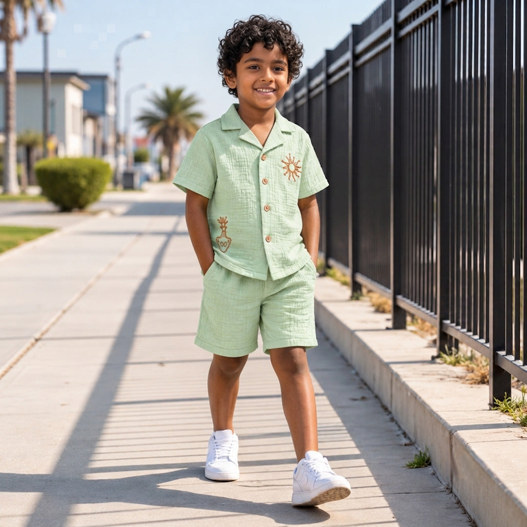 Sage Breeze Boys' Co-ord Set | Embroidered Muslin Cotton Shirt & Shorts