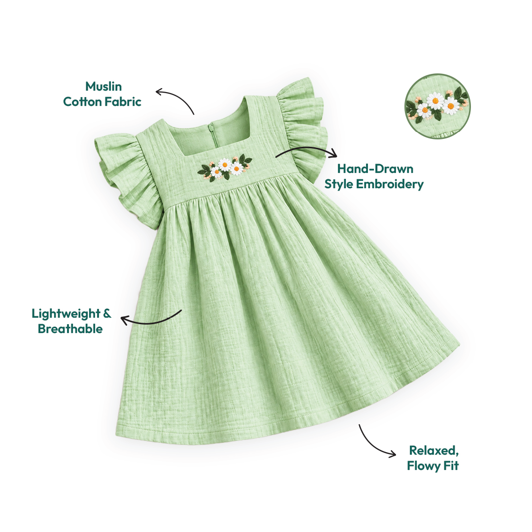 Sage Breeze Frock | Embroidered Muslin Cotton
