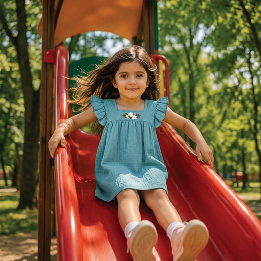 Teal Breeze Frock | Embroidered Muslin Cotton