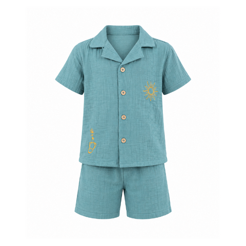 Teal Breeze Boys' Co-ord Set | Embroidered Muslin Cotton Shirt & Shorts