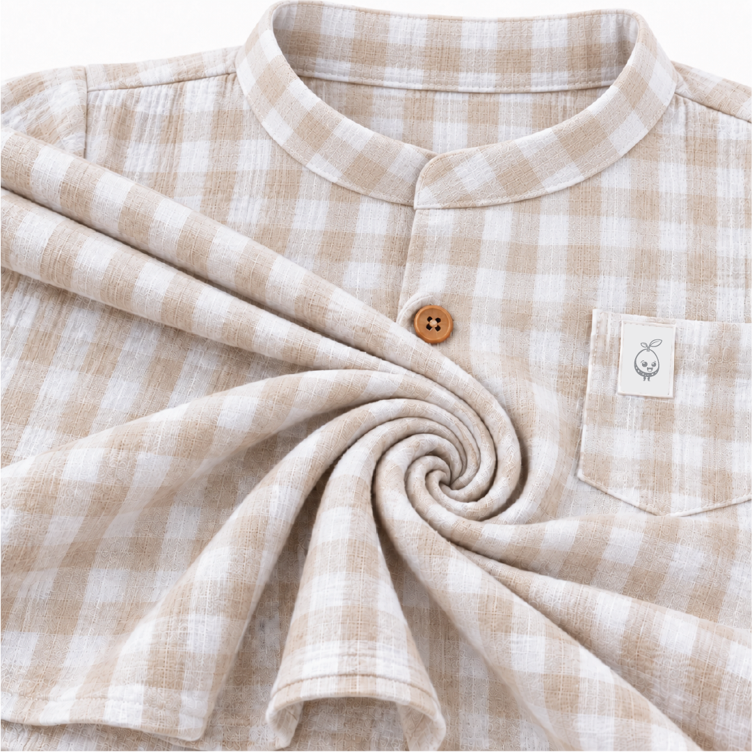 Seersucker Beige Shirt | Checked Cotton with Half-Sleeve