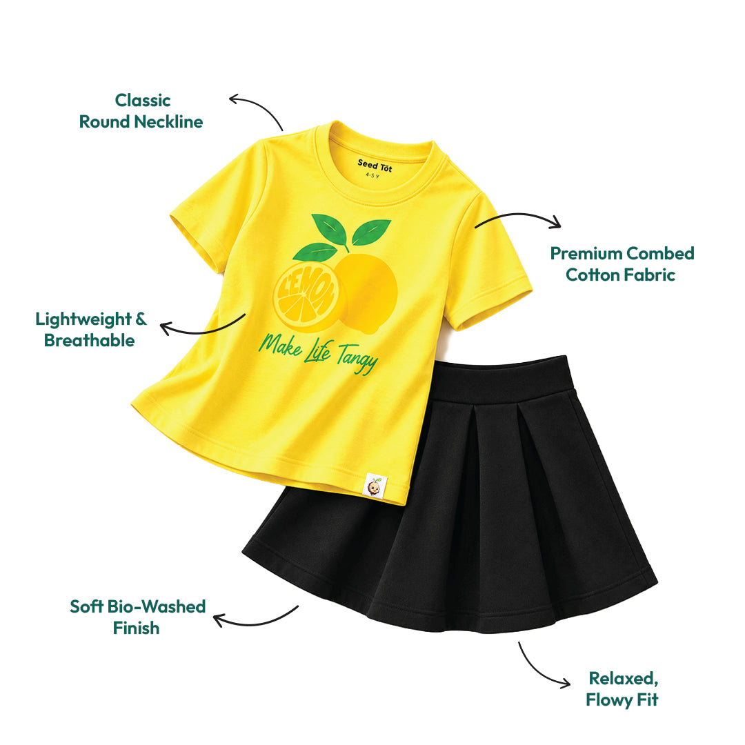 Tangy Lemon Girls' Co-ord Set | Printed Cotton T-Shirt & Skirt