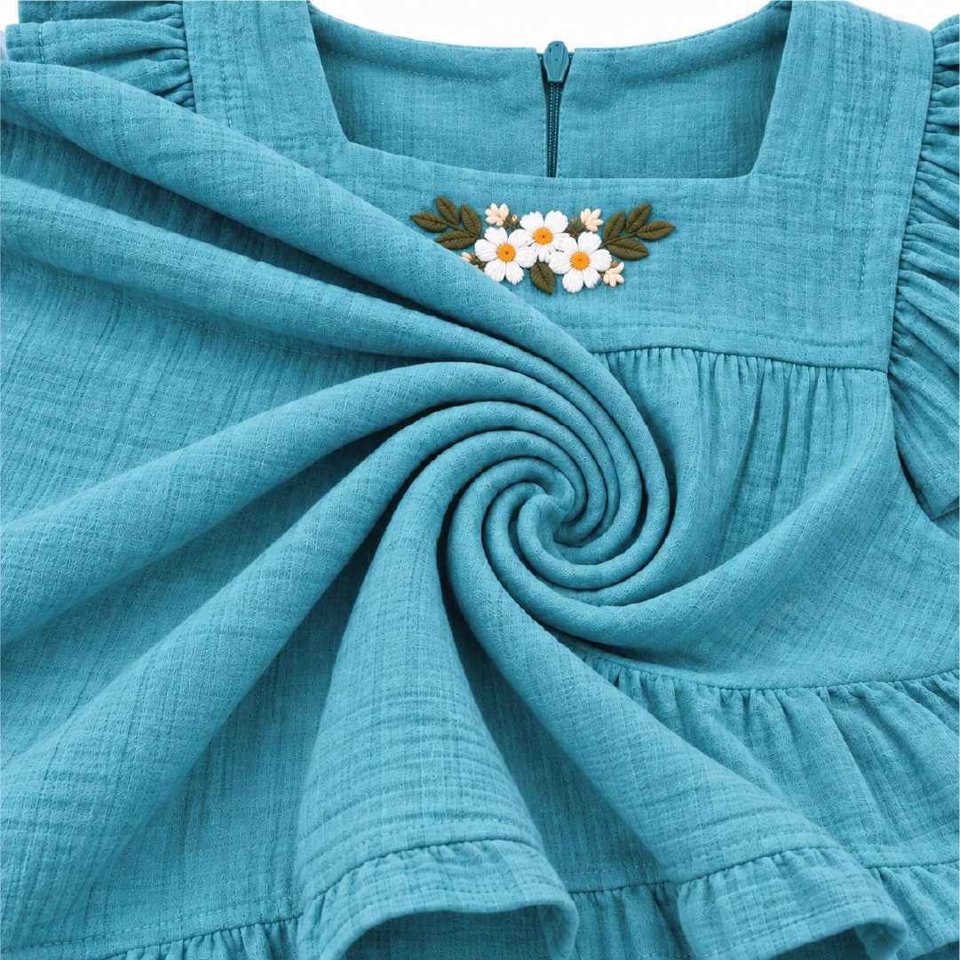 Teal Breeze Frock | Embroidered Muslin Cotton