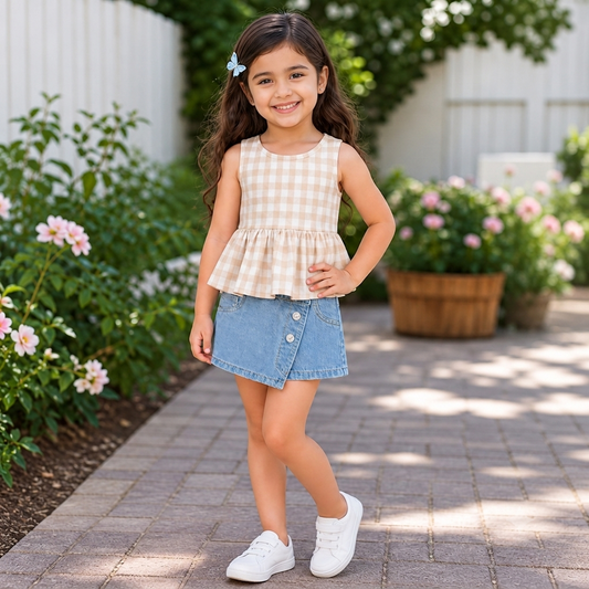 Beige Gingham | Ruffle Hem Cotton Sleeveless Top