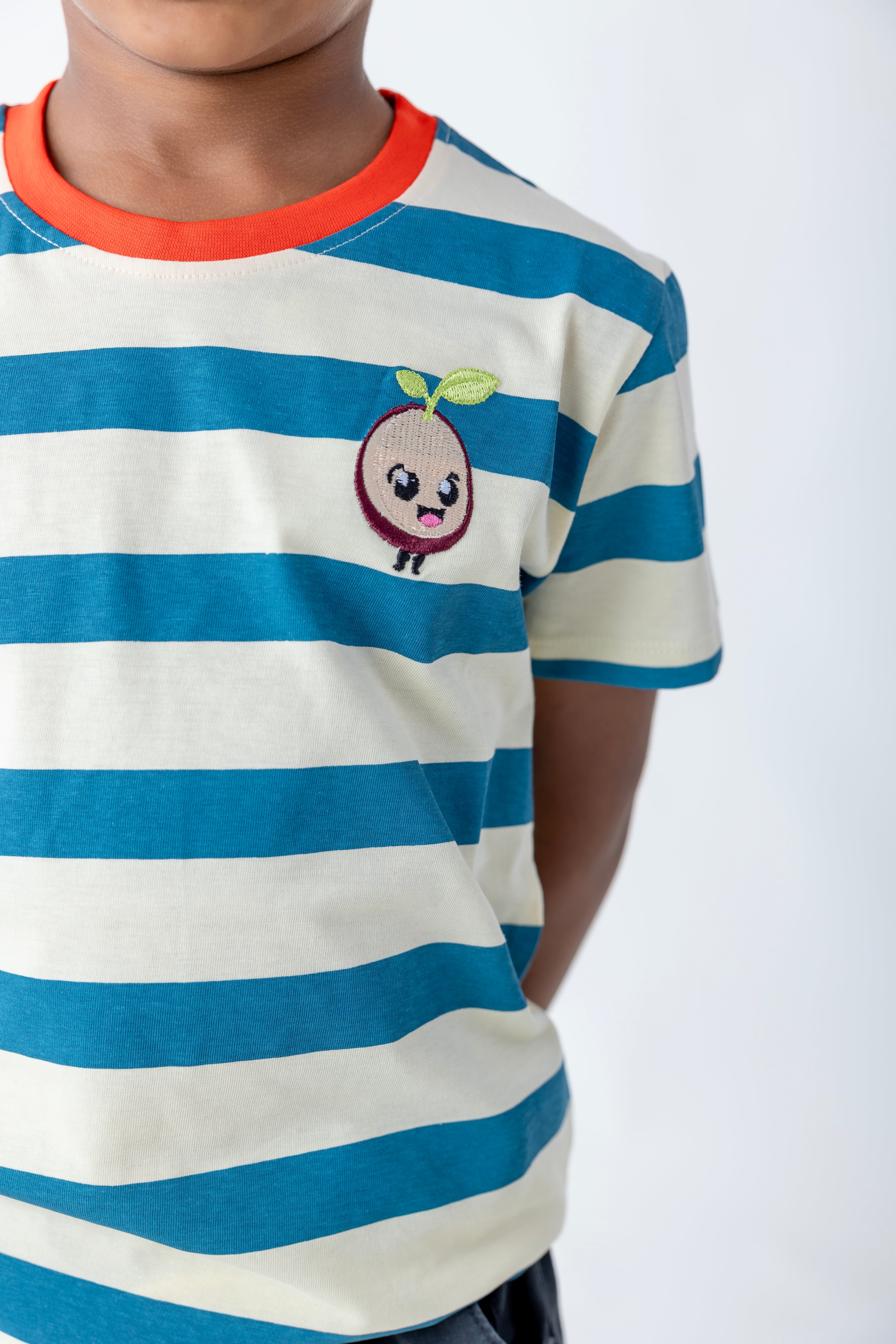 SeedTot - Cream with blue stripes t-shirts kids, boys half sleeve striped crew neck t-shirt in cotton