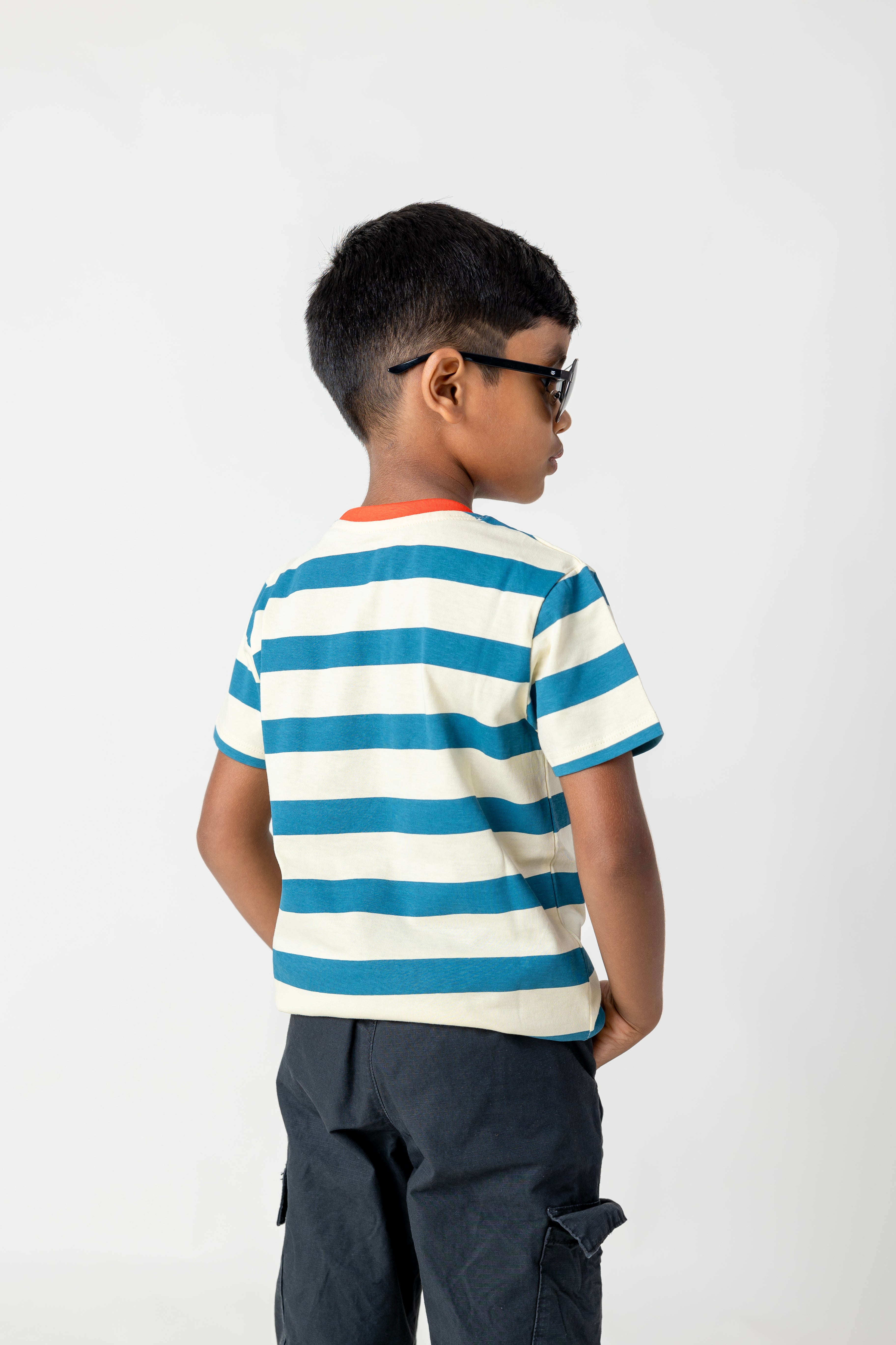 SeedTot - Cream with blue stripes t-shirts kids, boys half sleeve striped crew neck t-shirt in cotton