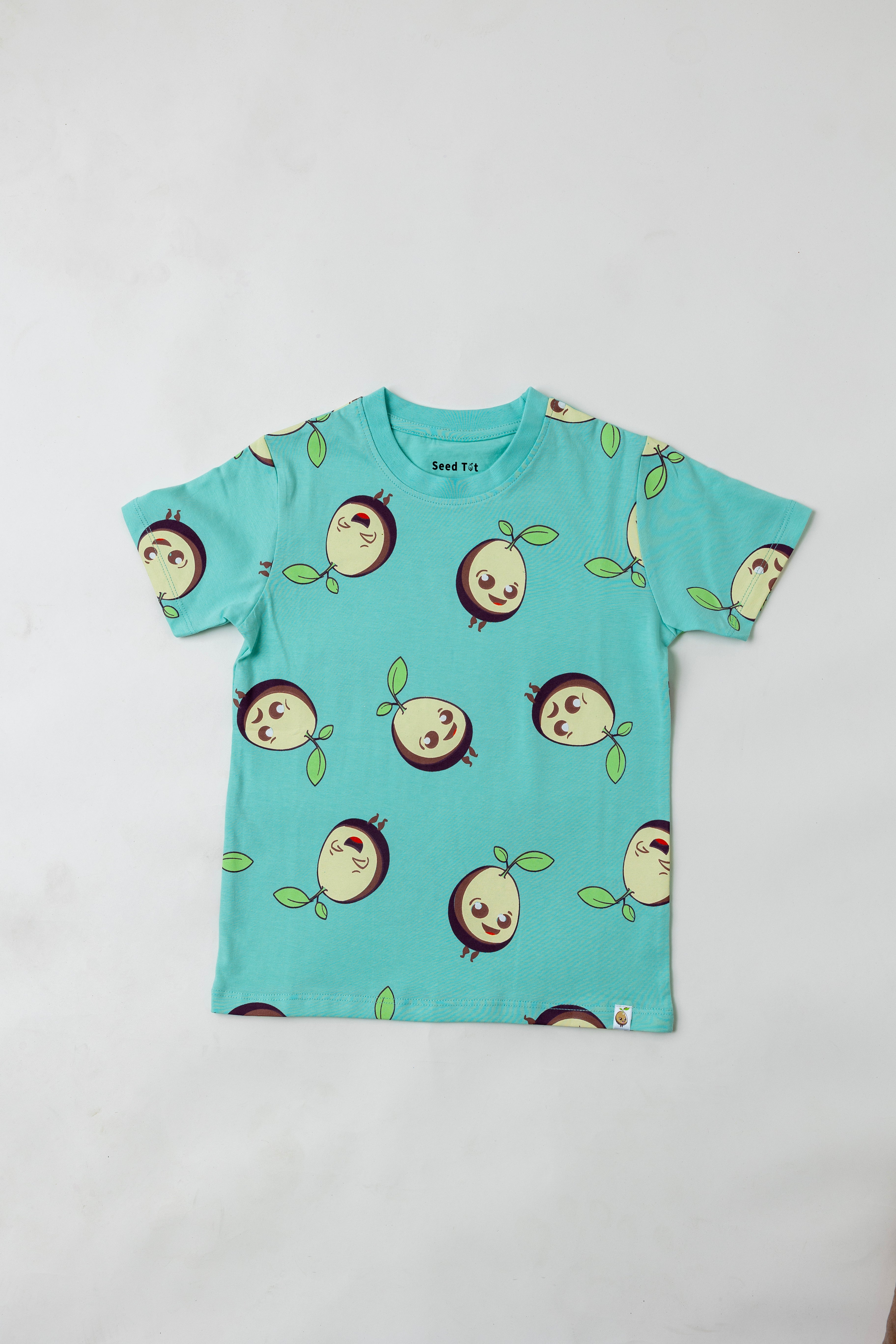 SeedTot - Aqua Green Logo t-shirts kids, round neck half sleeve cotton tee for boys in premium sustainable kidswear India