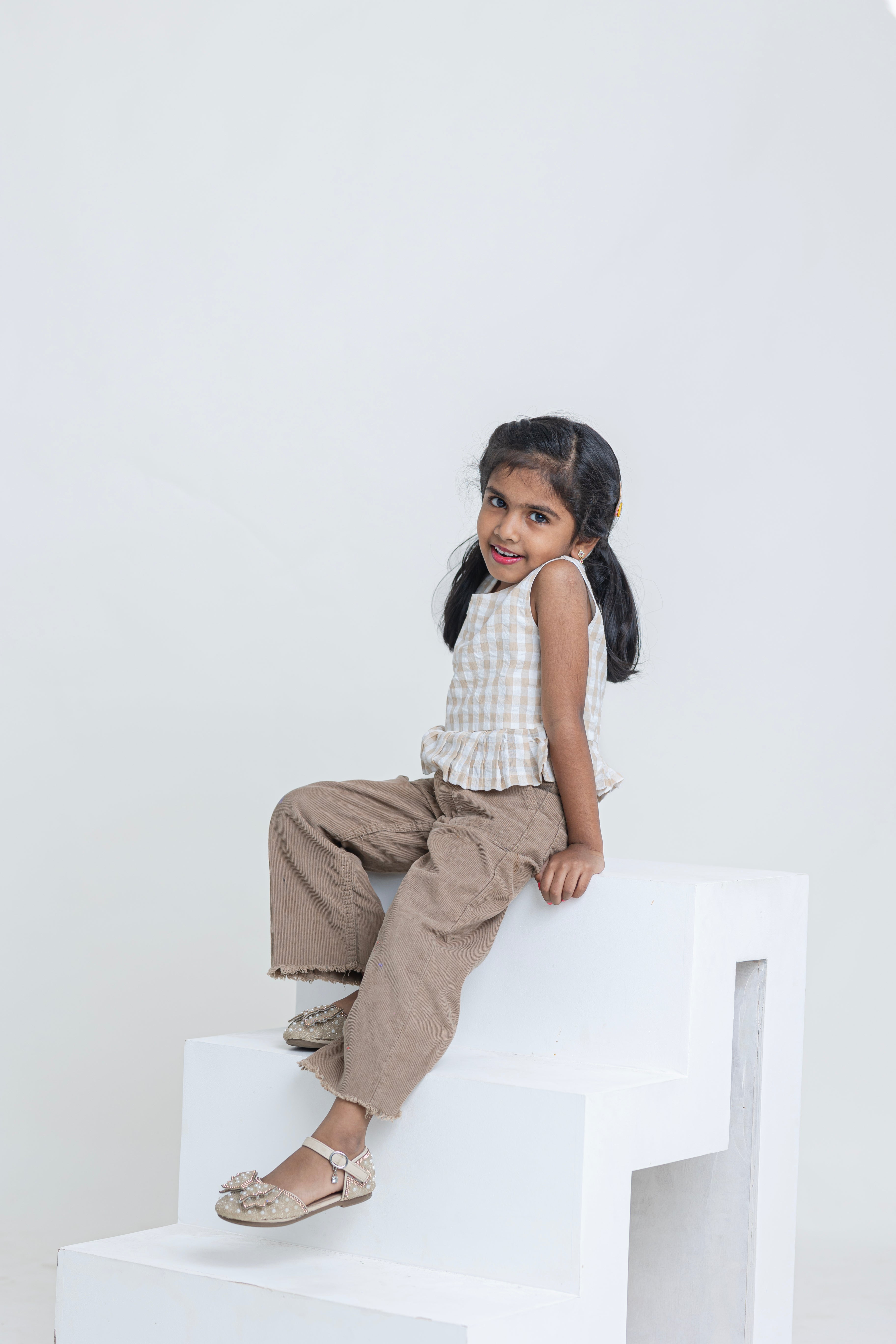 Beige Gingham Ruffle Top