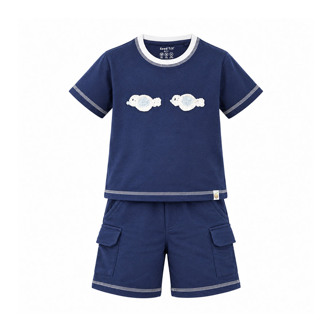 Ocean Buddies Boys' Co-ord Set | Fish Crochet T-Shirt with Cargo Shorts