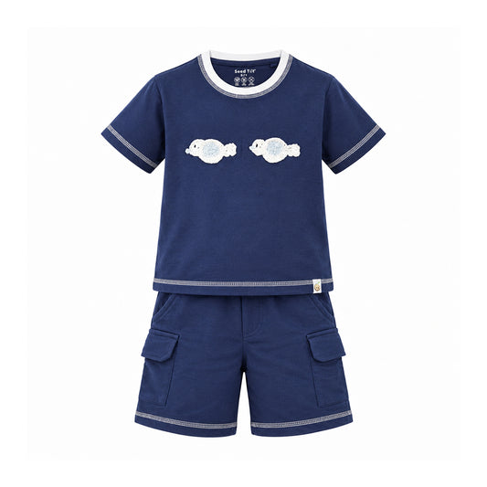 Ocean Buddies Boys' Co-ord Set | Fish Crochet T-Shirt with Cargo Shorts