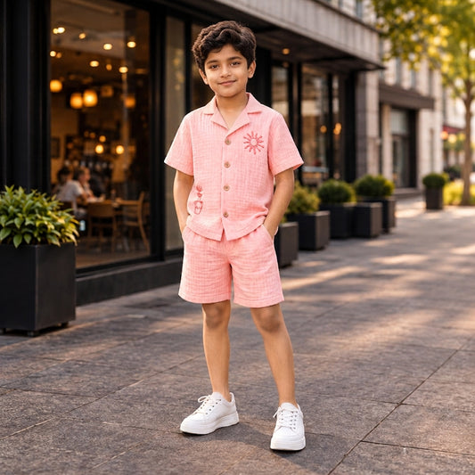 Blush Breeze Boys' Co-ord Set | Embroidered Muslin Cotton Shirt & Shorts