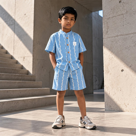 Rippleline Boys' Co-ord Set | Wave Printed Cotton Shirt & Shorts