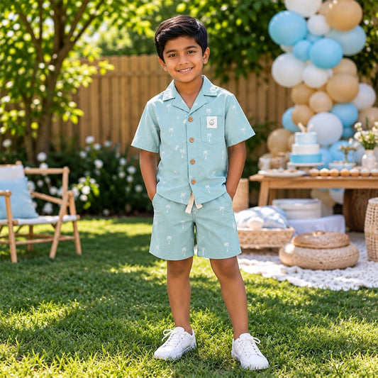 Palm Print Boys' Co-ord Set | Tropical Printed Cotton Shirt & Shorts