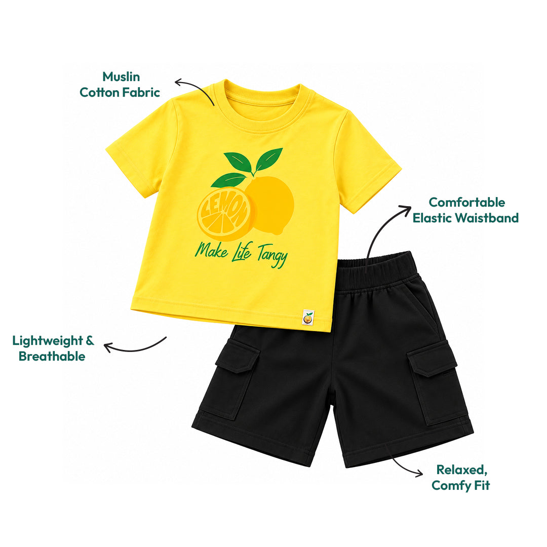Tangy Lemon Boys' Co-ord Set | Graphic Printed Cotton T-Shirt & Shorts