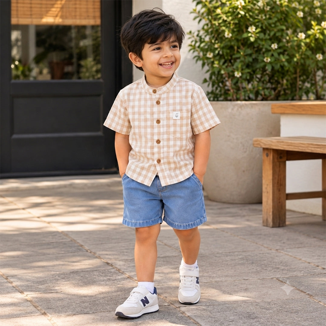 Seersucker Beige Shirt | Checked Cotton with Half-Sleeve