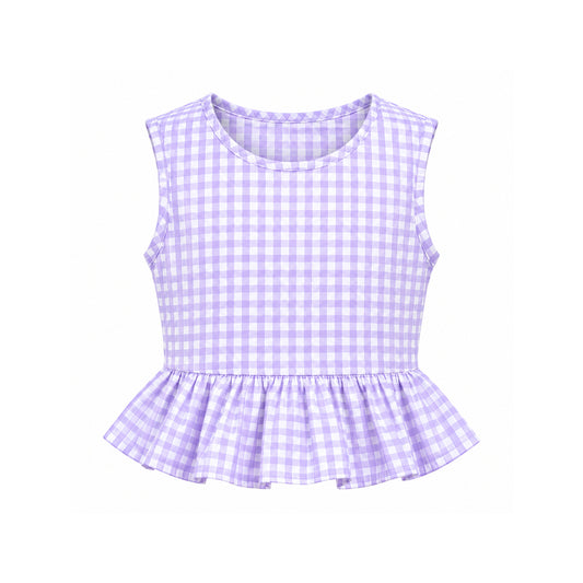 Lavender Gingham | Ruffle Hem Cotton Sleeveless Top
