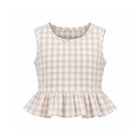Beige Gingham | Ruffle Hem Cotton Sleeveless Top