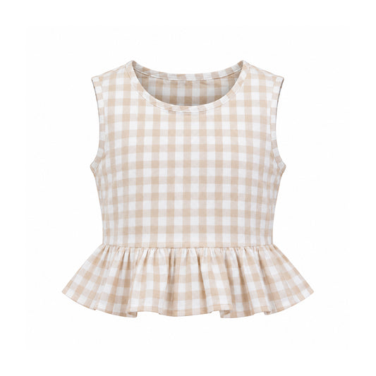 Beige Gingham | Ruffle Hem Cotton Sleeveless Top