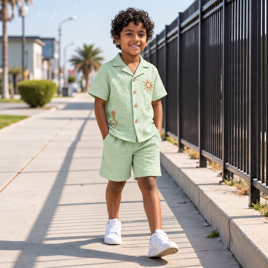 Sage Breeze Boys' Co-ord Set | Embroidered Muslin Cotton Shirt & Shorts