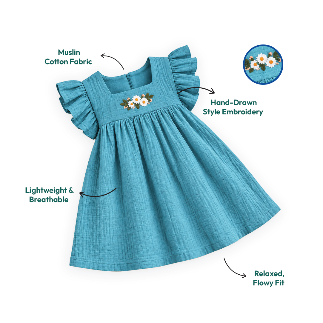 Teal Breeze Frock | Embroidered Muslin Cotton