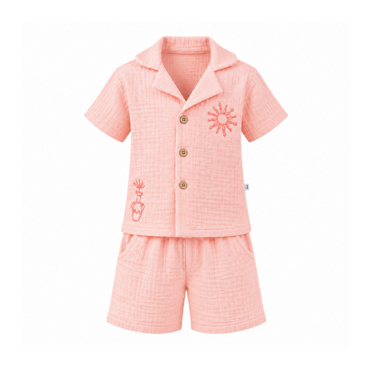 Blush Breeze Boys' Co-ord Set | Embroidered Muslin Cotton Shirt & Shorts