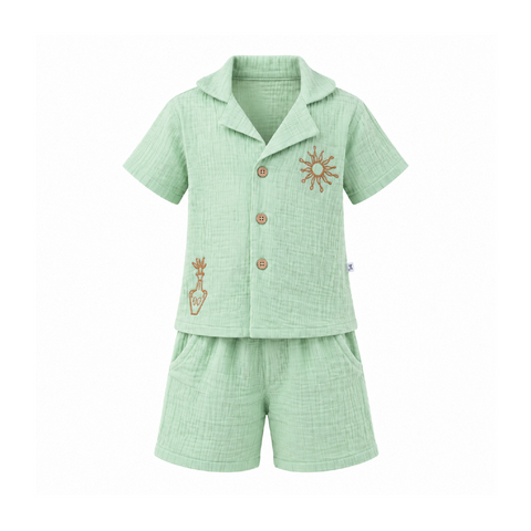 Sage Breeze Co-ord Set | Embroidered Muslin Cotton Shirt & Shorts