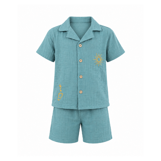 Teal Breeze Boys' Co-ord Set | Embroidered Muslin Cotton Shirt & Shorts