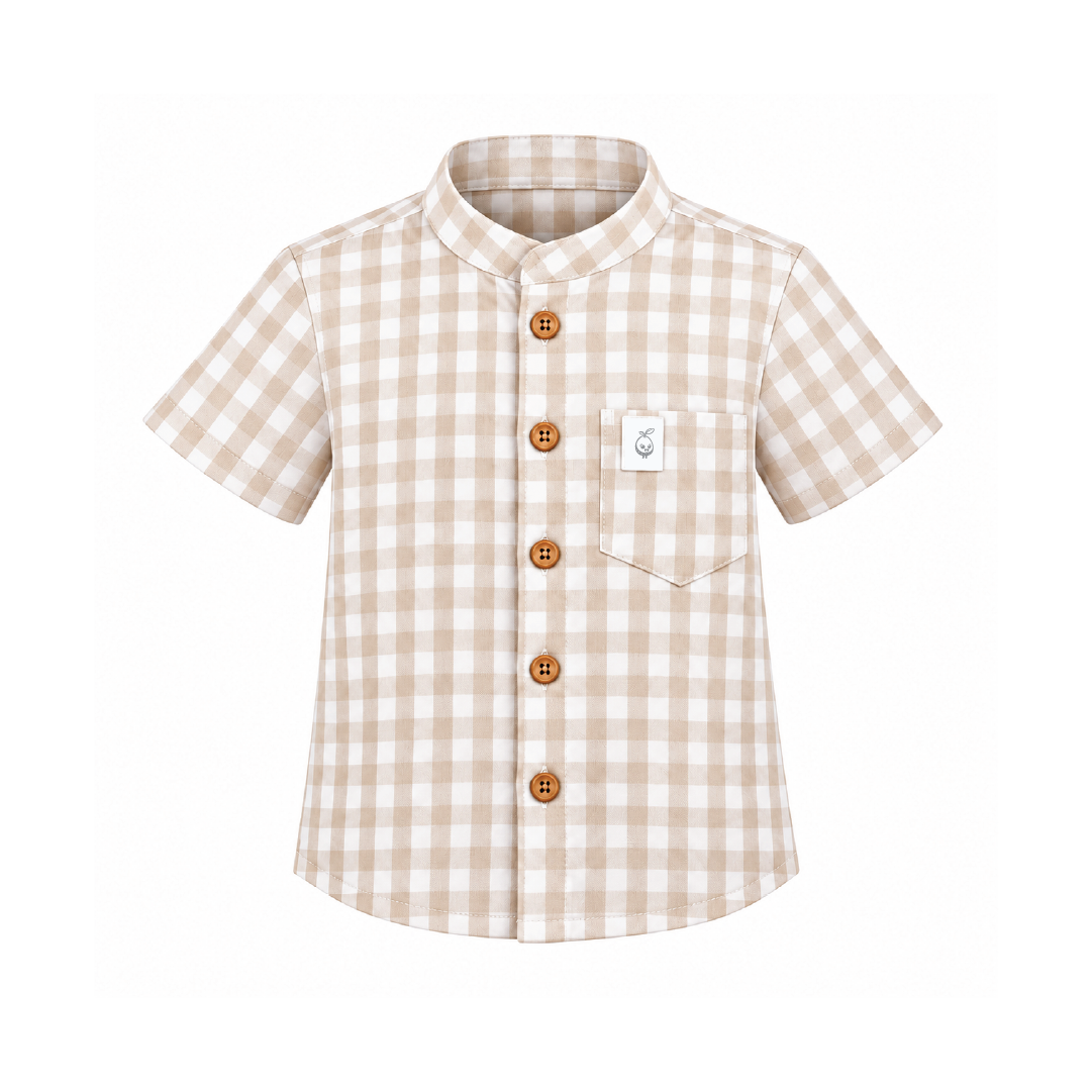 Seersucker Beige Shirt | Checked Cotton with Half-Sleeve