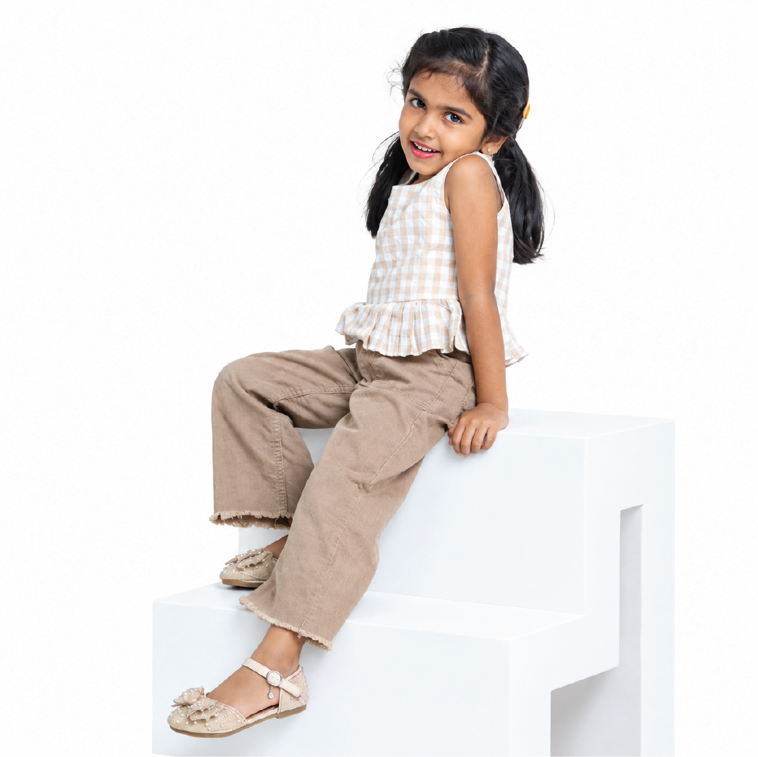 Beige Gingham Ruffle Top