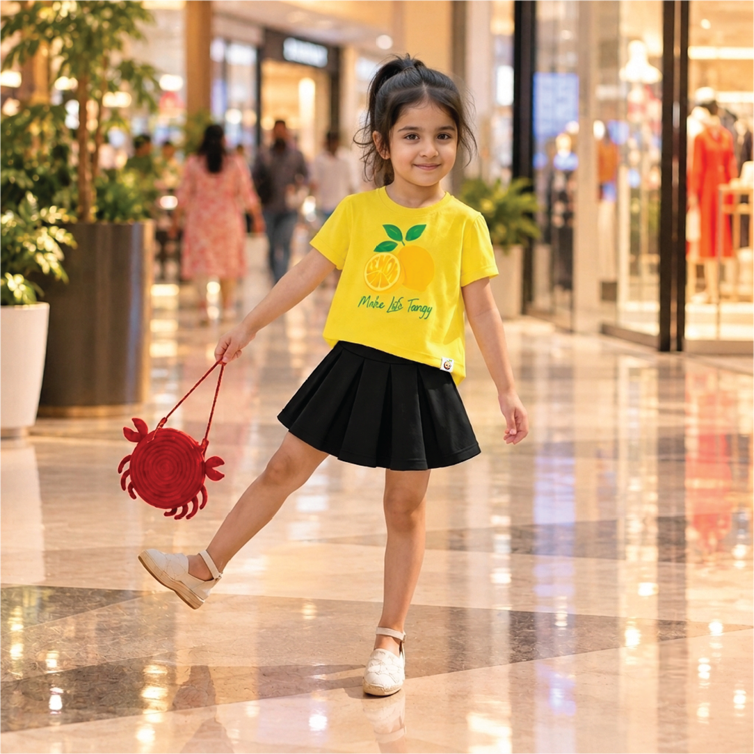 Tangy Lemon Girls' Co-ord Set | Printed Cotton T-Shirt & Skirt