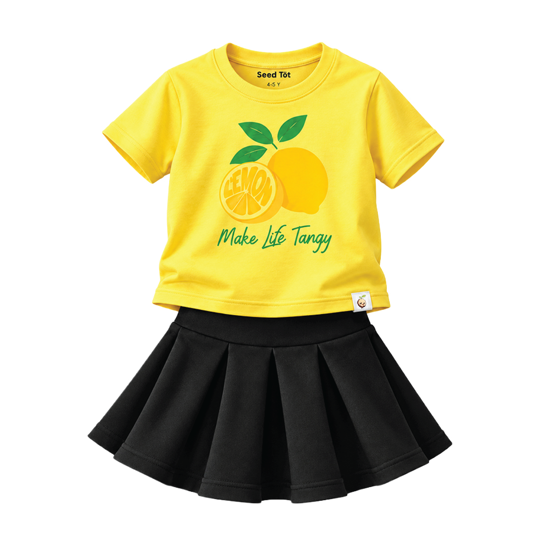 Tangy Lemon Girls' Co-ord Set | Printed Cotton T-Shirt & Skirt