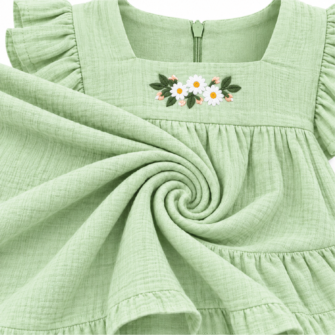 Sage Breeze Frock | Embroidered Muslin Cotton