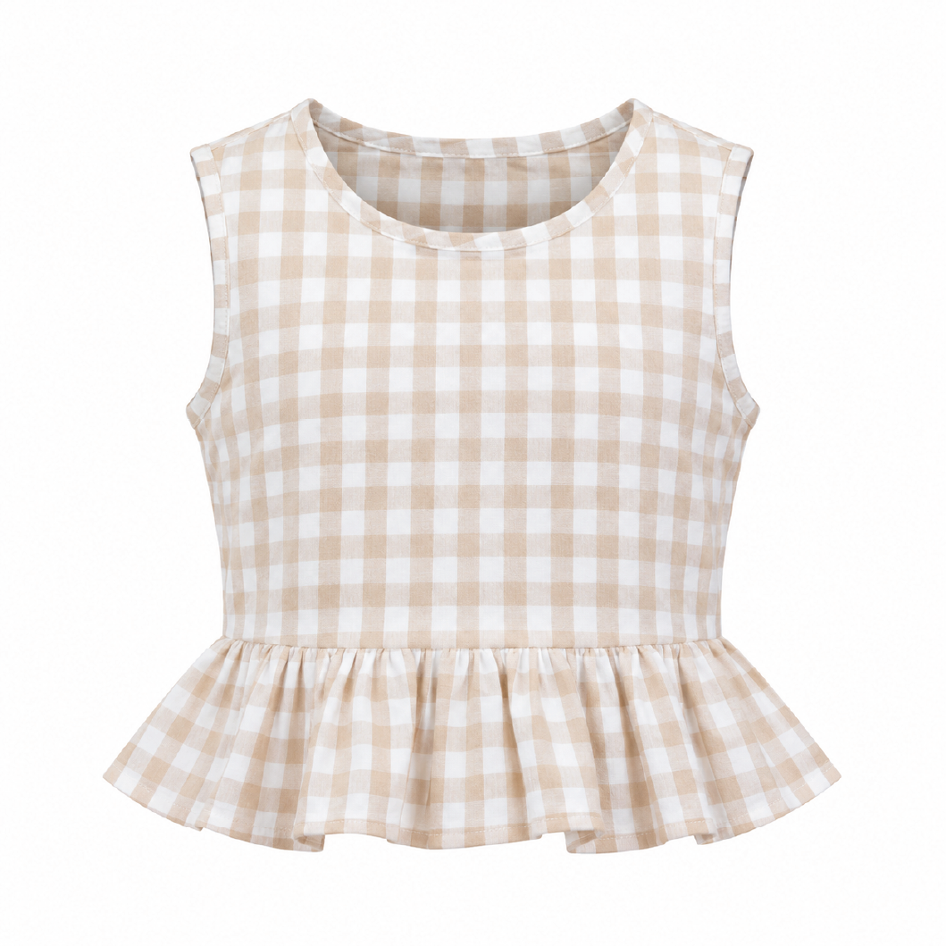 Beige Gingham Ruffle Top