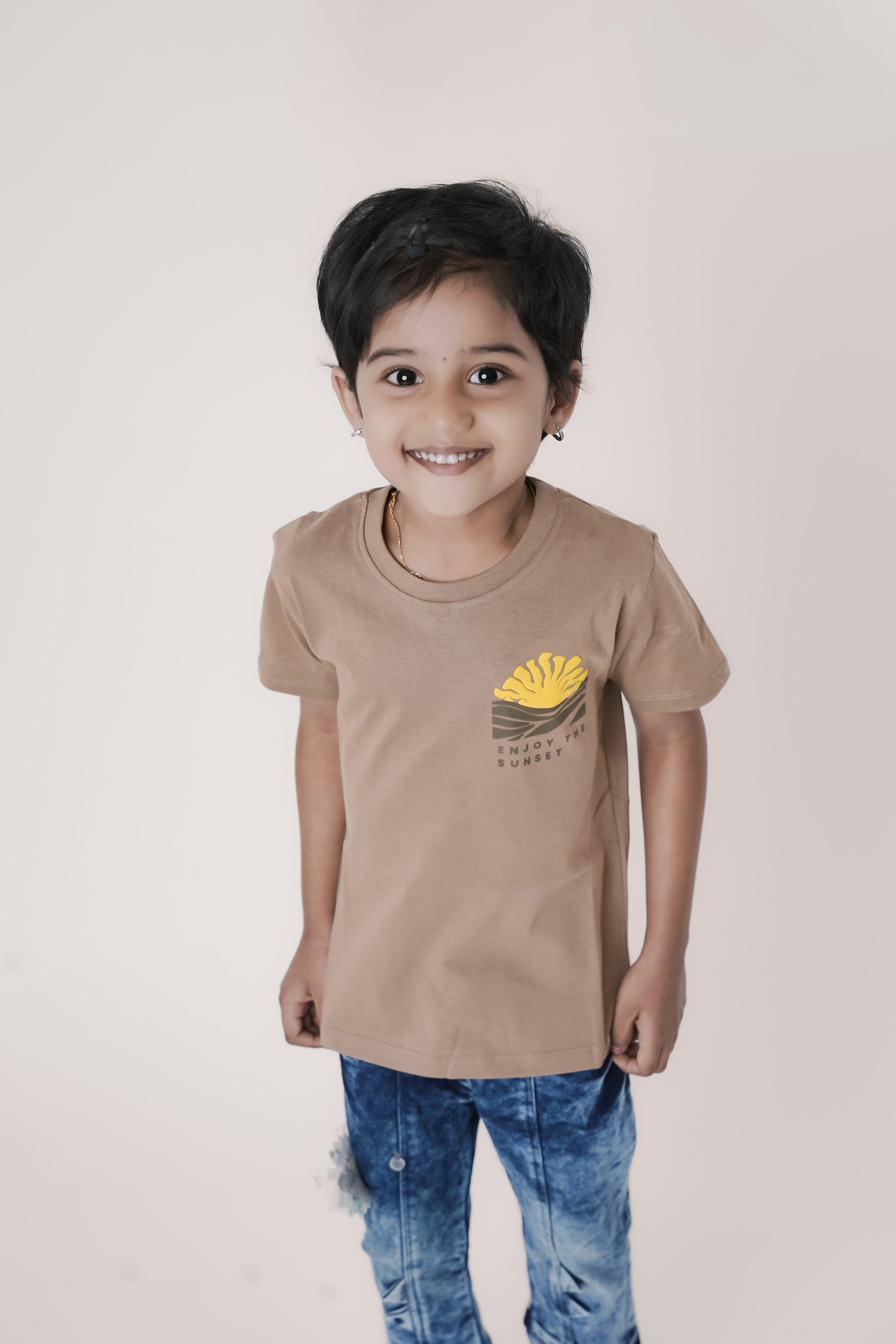 SeedTot - Girls cotton t-shirts, Honey colour round neck half sleeves tee, sustainable kidswear India