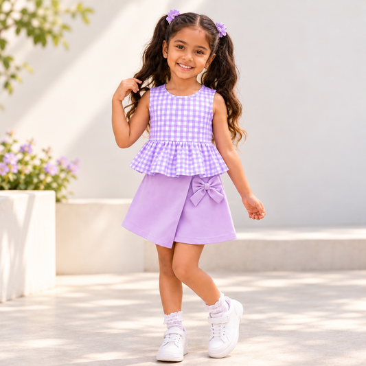 Lavender Gingham | Ruffle Hem Cotton Sleeveless Top