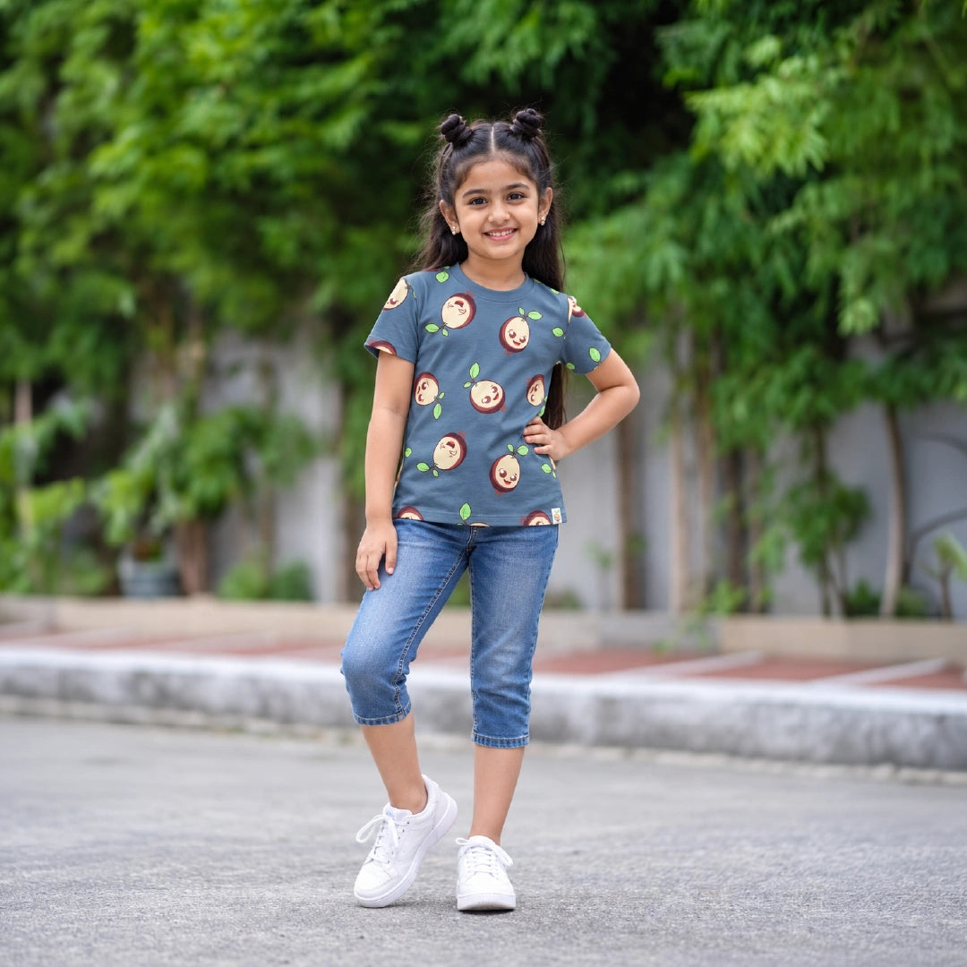Blue Doodle Printed Cotton Girls' T-Shirt