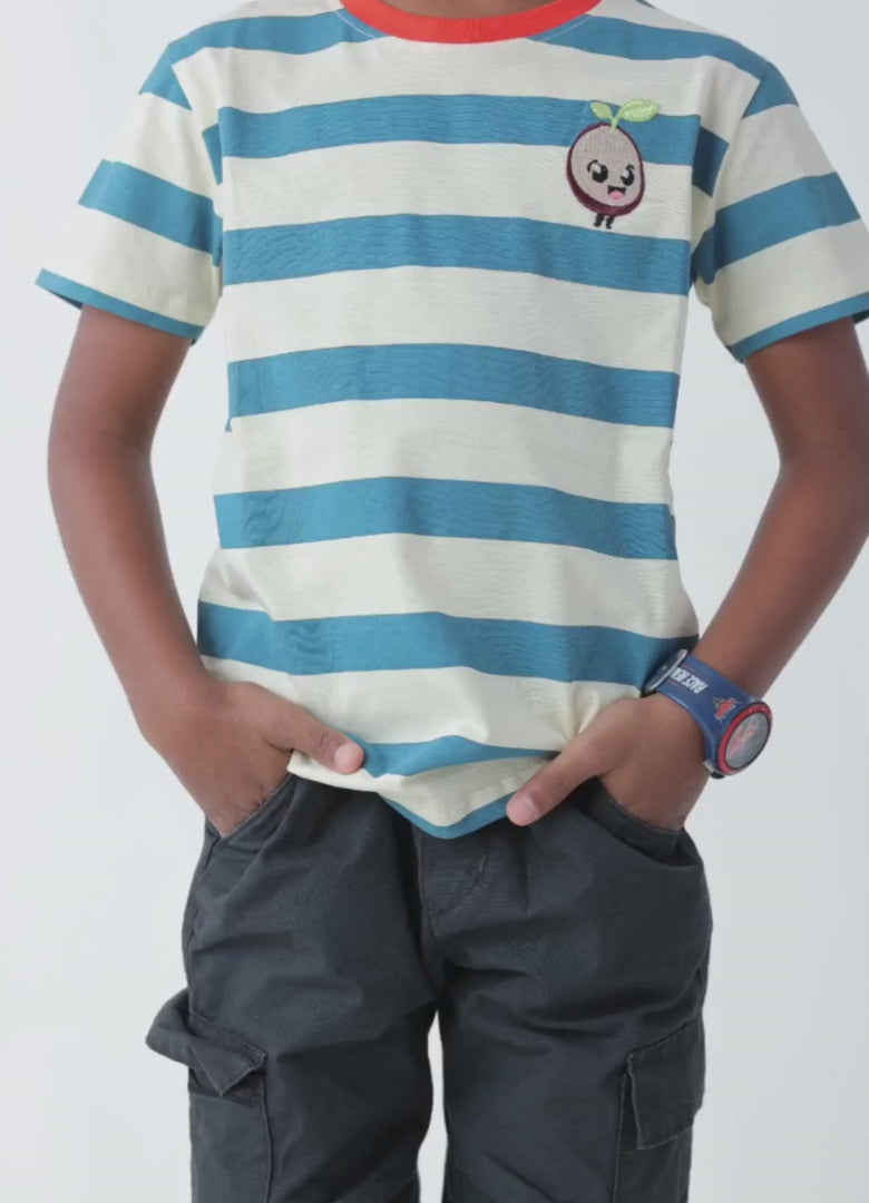 SeedTot - Cream with blue stripes t-shirts kids, boys half sleeve striped crew neck t-shirt in cotton